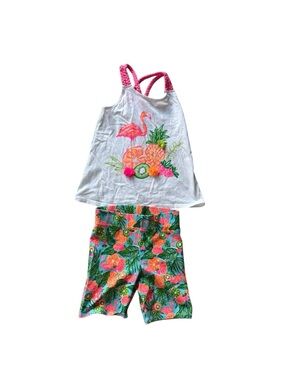 Tommy Bahama Girls White Tank & Tropical Print Shorts - Pink, Green, Orange